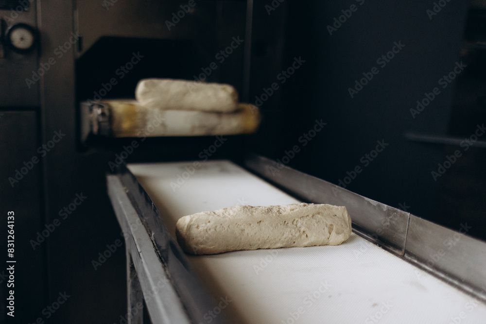 Loafs of bread in a bakery on an automated conveyor belt Loafs of bread in a bakery on an automated conveyor belt