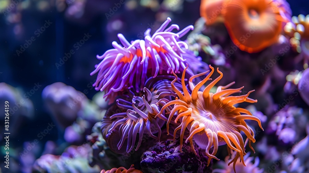 Fototapeta premium Stunning close-up of colorful sea anemones, showcasing vibrant hues and intricate details. Perfect for marine life enthusiasts and underwater photography lovers.