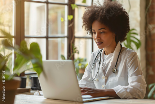 Female doctor working on laptop, epitomizes healthcare professionalism and telemedicine, great for medical services and online consultation themes.
