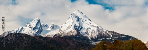 High resolution stitched alpine spring panorama with Mount Watzmann in the background near Bischofswiesen  Berchtesgadener Land  Bavaria  Germany