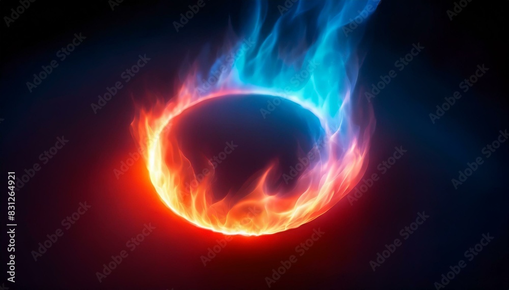 3D circular flame  gradient from blue to red, pink an eye-catching ring of fire on a dark background