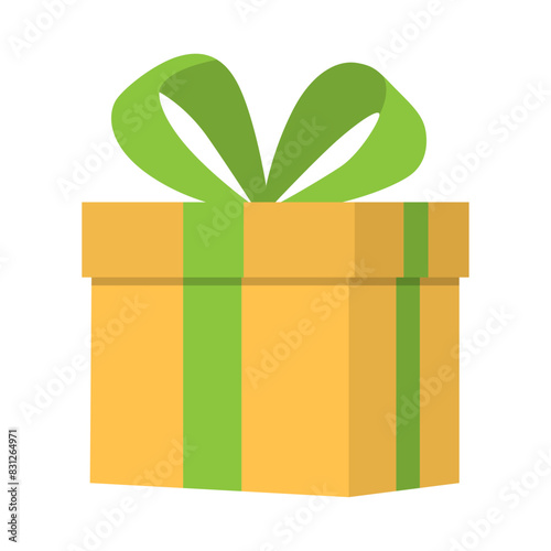 Gift box vector icon illustration in yellow and green color with a ribbon in flat style, perfect for New Year or Christmas present use.