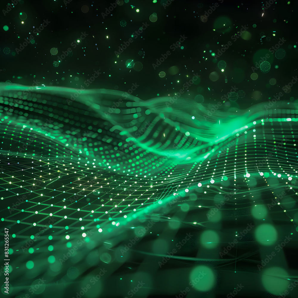 Abstract background inspired by digital themes, with a grid-like pattern of glowing green lines and dots on a dark, futuristic backdrop.
