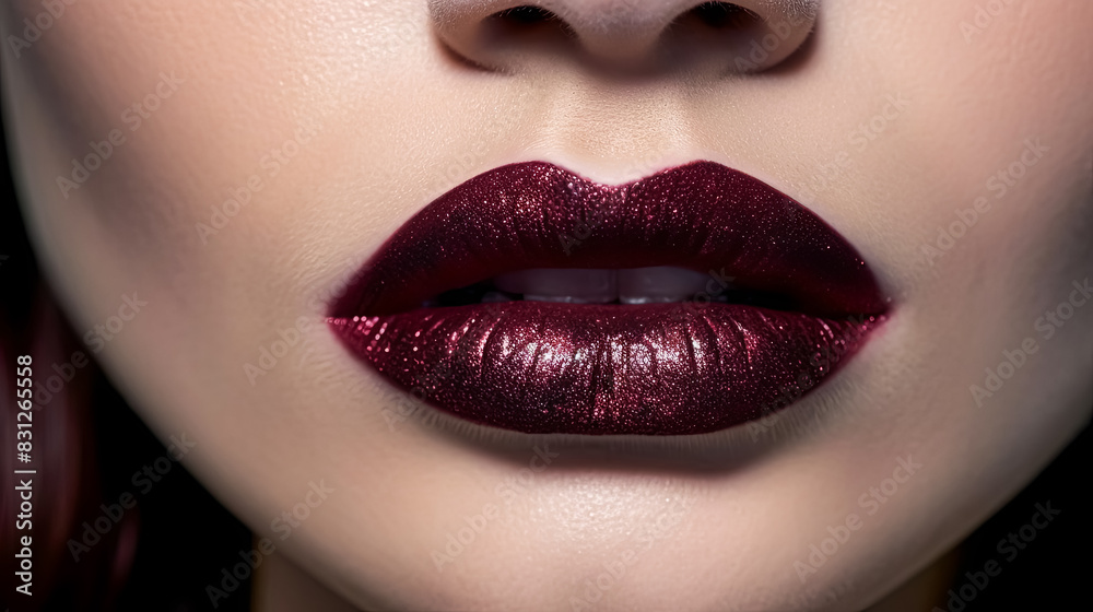 A woman's lips are painted a deep burgundy color. A woman's lips are painted a deep burgundy color.