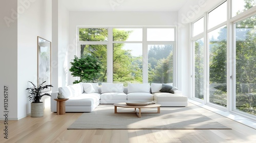 Scandinavian living room design featuring white walls  sleek furniture  large windows  and natural elements
