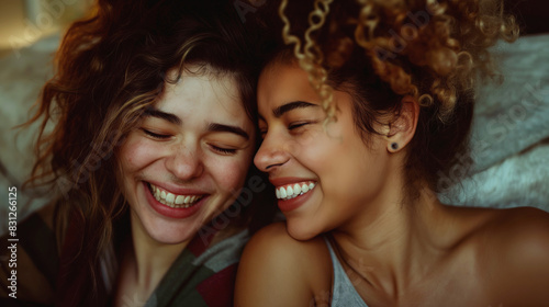 Two women laughing together, an intimate and joyful scene, portraying friendship or a relationship in a casual, personal setting.