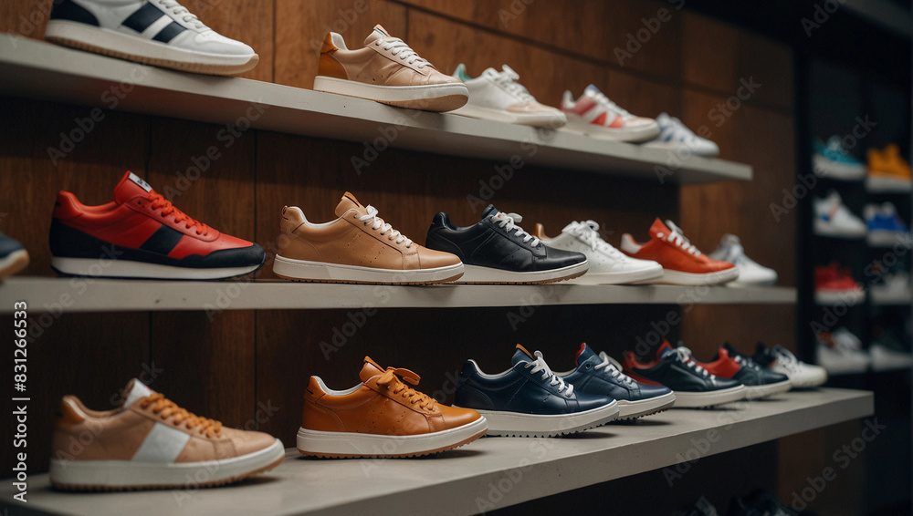 Obraz premium Sportive shoes boots heels sneakers in fashion store shelves, Generative AI