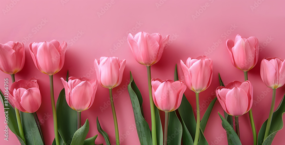 Fototapeta premium Photo of Spring Flowers on Pastel Pink Background with space.