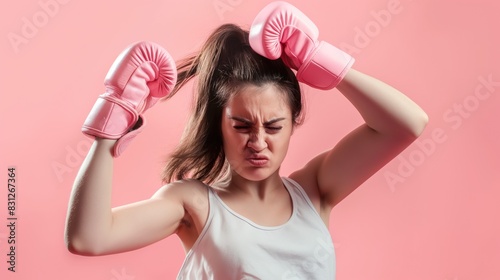 a woman wearing pink gloves in fighting position against pink background photo