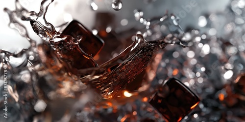 Cola splashing in the air, ice cubes, dynamic,high details