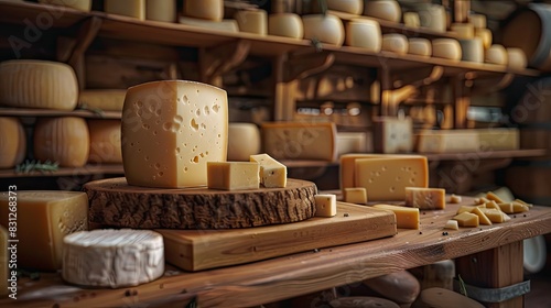 Variety of aged cheeses on a wooden board against a background with shelves full of different types and sizes of cheese in a rustic barn, warm color tones.