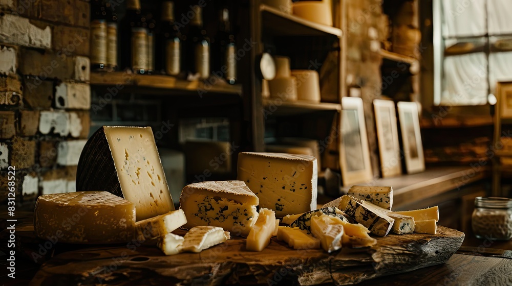 Variety of aged cheeses on a wooden board against a background with shelves full of different types and sizes of cheese in a rustic barn, warm color tones. Variety of aged cheeses on a wooden board against a background with shelves full of different types and sizes of cheese in a rustic barn, warm color tones.