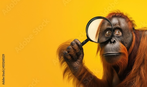 detective orangutan with a magnifying glass against yellow background