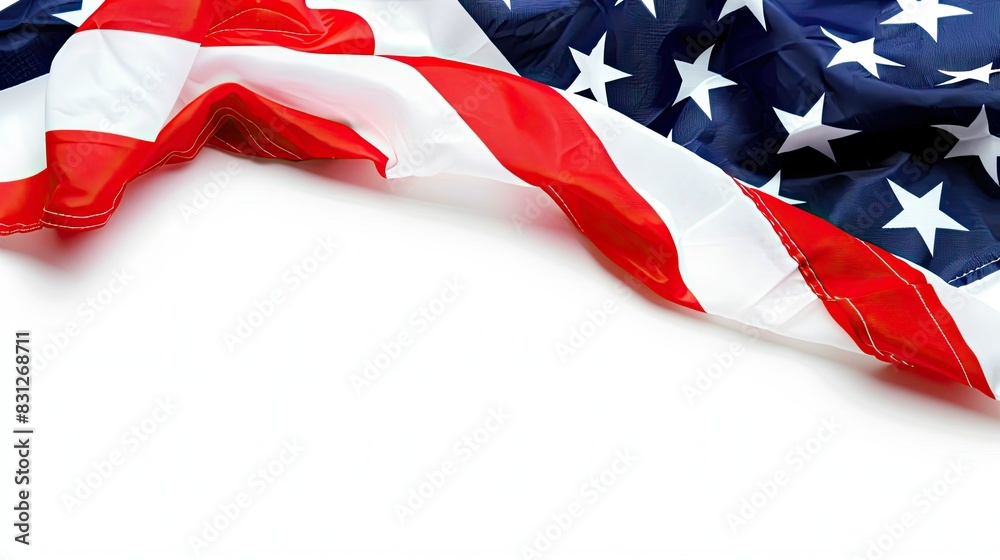 realistic close-up of an American flag waving on a white background.