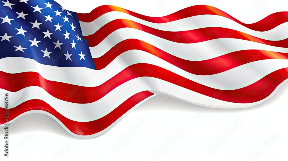 Fototapeta premium realistic close-up of an American flag waving on a white background.