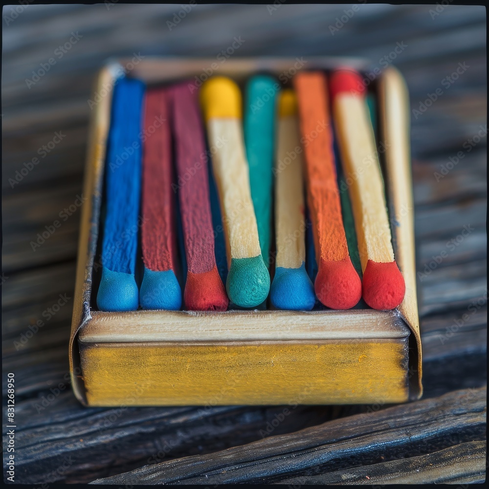 A close-up of a colorful matchbox with matches inside, placed on a wooden surface. A close-up of a colorful matchbox with matches inside, placed on a wooden surface.