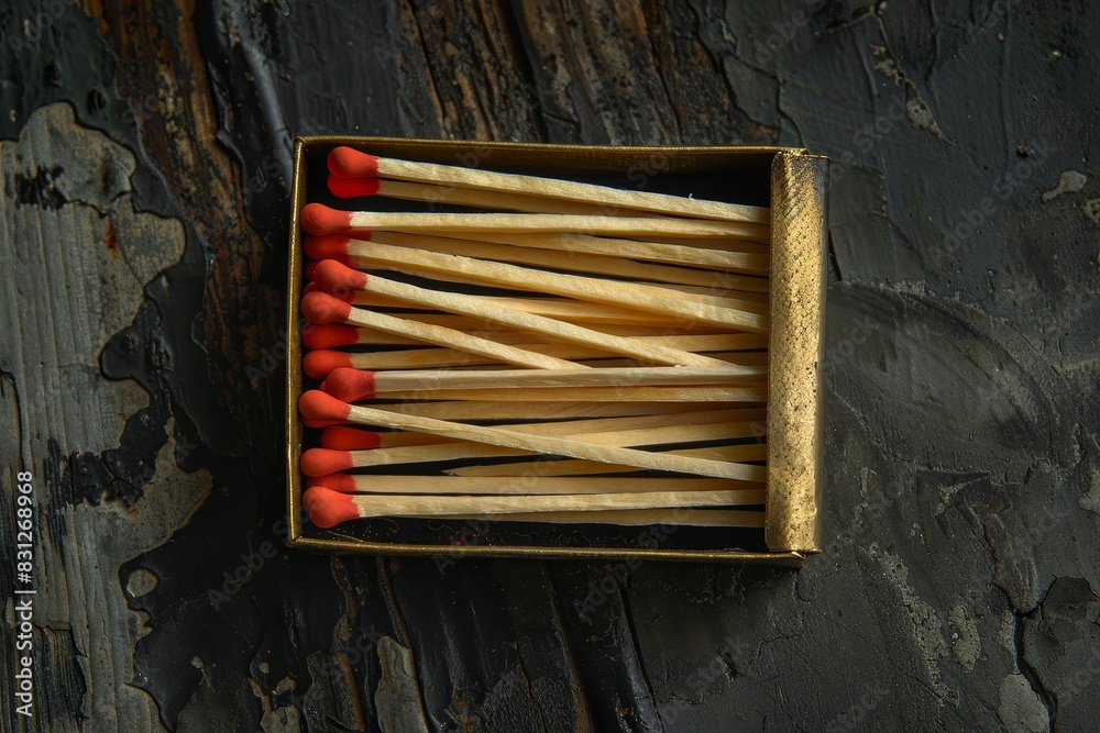 A matchbox photographed on a textured background, with open matches spilling out. A matchbox photographed on a textured background, with open matches spilling out.
