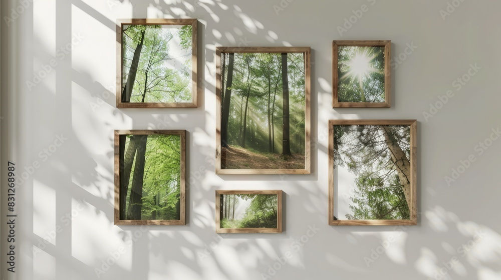 Fototapeta premium Wooden photo frames hanging on the wall, white background, forest images inside each frame, light and shadow effects, natural lighting, simple composition, modern style.