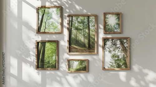 Wooden photo frames hanging on the wall, white background, forest images inside each frame, light and shadow effects, natural lighting, simple composition, modern style.