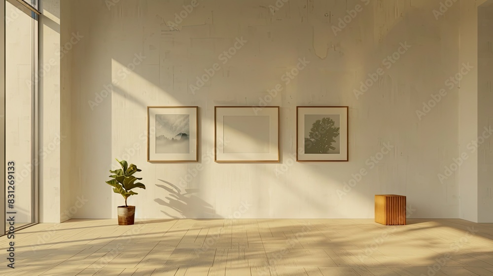 Wooden photo frames hanging on the wall, white background, forest images inside each frame, light and shadow effects, natural lighting, simple composition, modern style. Wooden photo frames hanging on the wall, white background, forest images inside each frame, light and shadow effects, natural lighting, simple composition, modern style.