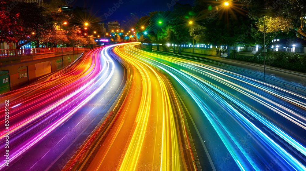 Time lapse photography of fast moving colorful vehicle lights on the road of a city.