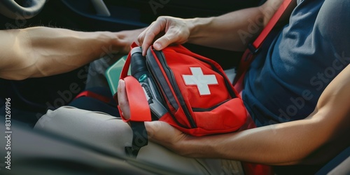Man with first aid kit inside car, closeup photo