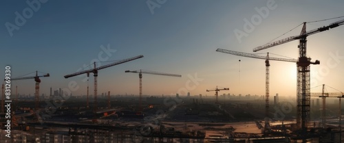 Silhouette of Engineer and worker on building site, construction site at sunset in evening time. Urban Construction Landscape, Ideal for architectural firms, construction companies, and real estate ag © sanstudio