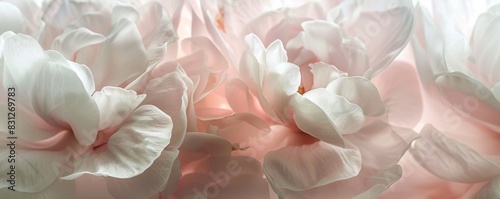 Soft-focus image of delicate white peony petals in dreamy, pastel tones © Denys