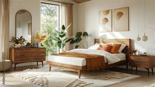 Modern bedroom with white walls  wooden furniture and carpet  mirror above the bed. The bedroom has wooden furniture and carpet  a mirror above the bed and light orange accents.