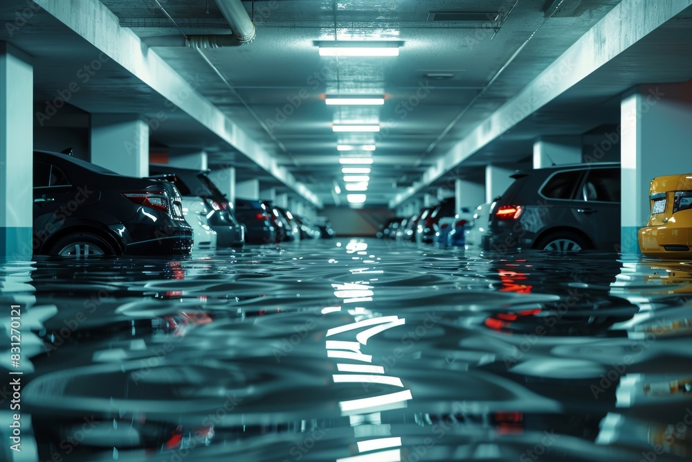 Undersea parking garage. Sunken vehicles in submerged lot. Flooding ...