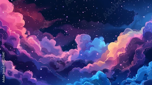 A beautiful night sky filled with fluffy clouds. The colors of the clouds are pink, blue, and purple. photo