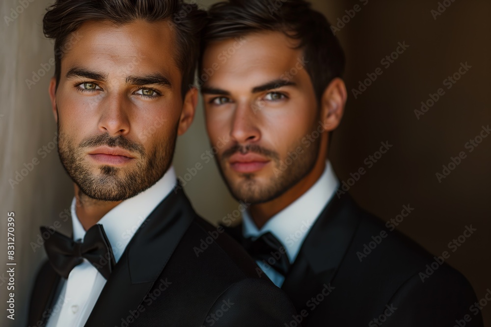 Elegant men in formal suits looking confidently. Suitable for fashion, LGBTQ+ topics, and business portrayals. Elegant men in formal suits looking confidently. Suitable for fashion, LGBTQ+ topics, and business portrayals.