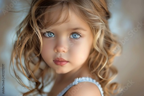 Closeup of a beautiful young girl with captivating blue eyes and curly hair