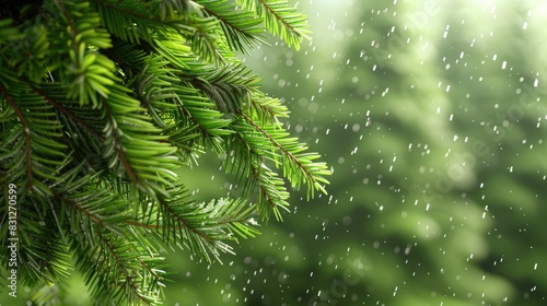 Close-up of pine branches in the foreground and misty forest trees behind them. The background is a dense mountain landscape shrouded in fog and clouds.