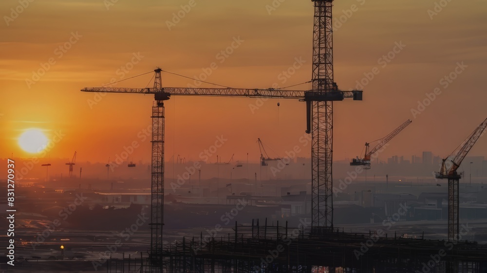 Silhouette of Engineer and worker on building site, construction site at sunset in evening time. Urban Construction Landscape, Ideal for architectural firms, construction companies, and real estate ag Silhouette of Engineer and worker on building site, construction site at sunset in evening time. Urban Construction Landscape, Ideal for architectural firms, construction companies, and real estate ag