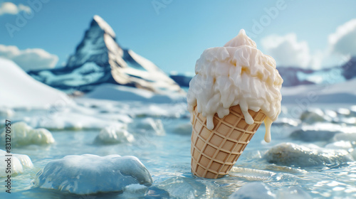 Ice cream cone melting under the sun, summer treat, photorealistic