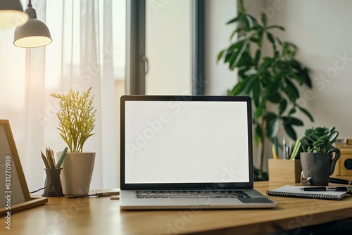 Sleek laptop on a modern desk setup with mockup screen. Perfect for technology, business, and productivity-related content. © kaznadey