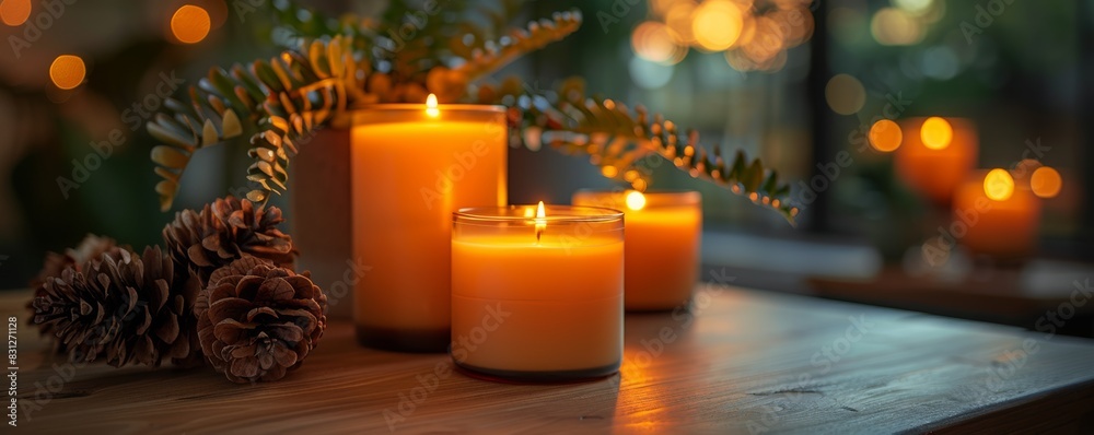 Cozy evening ambiance with candles and pine cones Cozy evening ambiance with candles and pine cones