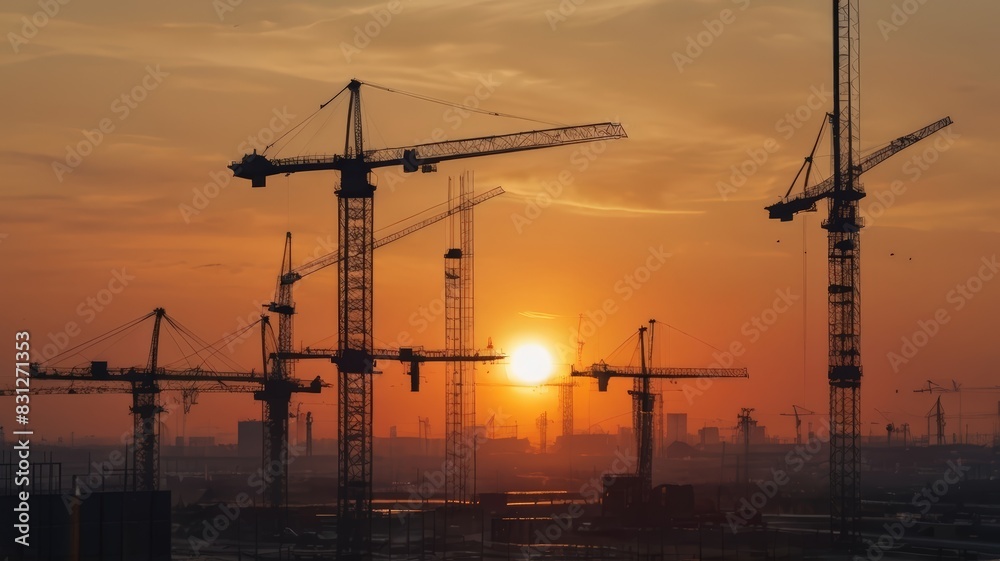 Silhouette of Engineer and worker on building site, construction site at sunset in evening time. Urban Construction Landscape, Ideal for architectural firms, construction companies, and real estate ag Silhouette of Engineer and worker on building site, construction site at sunset in evening time. Urban Construction Landscape, Ideal for architectural firms, construction companies, and real estate ag