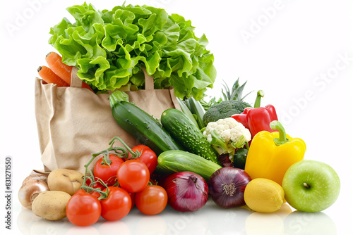 An assortment of fresh vegetables in a paper bag including tomatoes lettuce and cucumbers on a white background