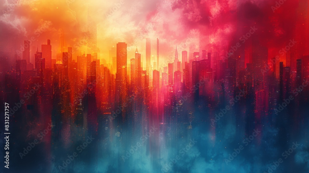 Digital art piece featuring a city skyline with a vibrant, fiery sky