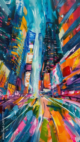 Colorful abstract art of a bustling city street, depicted with dynamic brushstrokes