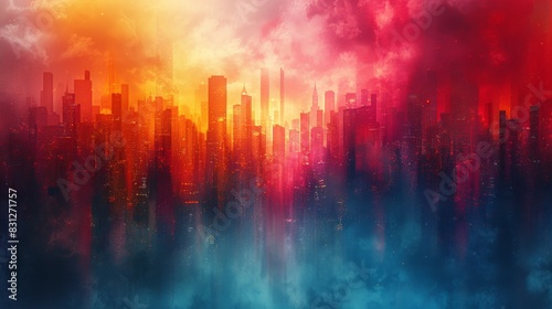 Digital art piece featuring a city skyline with a vibrant, fiery sky