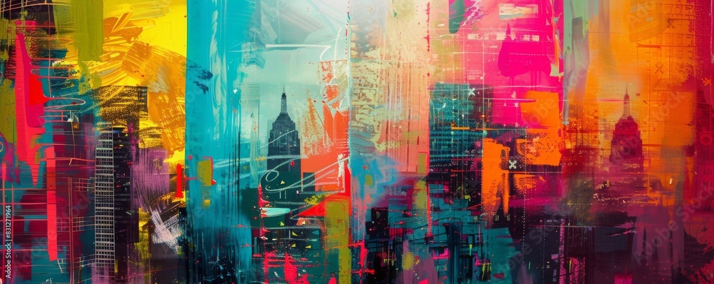 Vibrant abstract painting depictions of city skylines with vivid hues and dynamic strokes