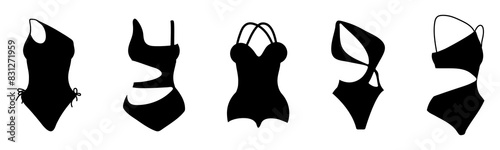 Set of various women' bikinis in black silhouette style isolated on white background for icons, weba, apps, banners