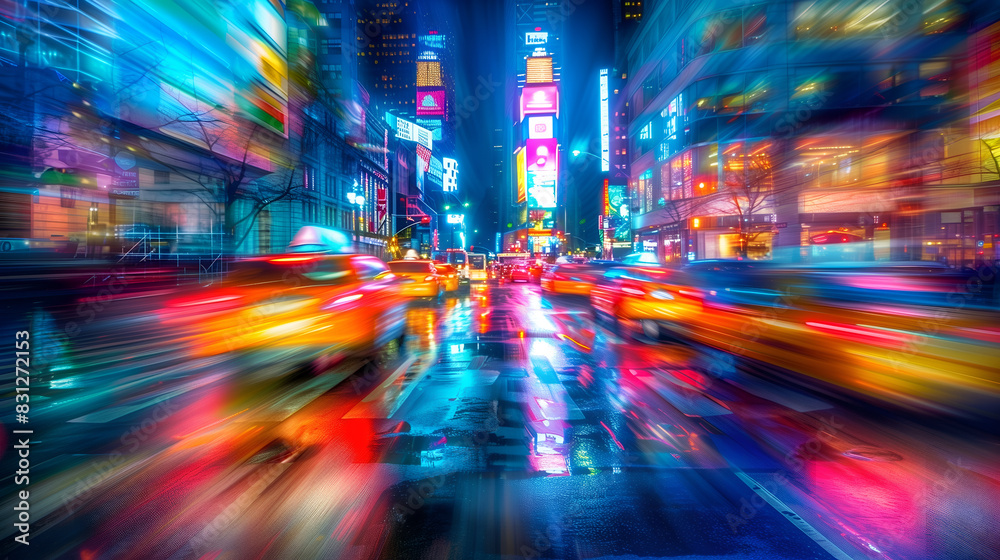 Fast moving colorful vehicle lights on the road of a city.