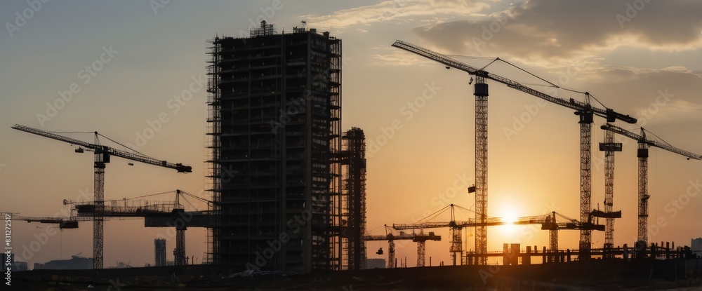 Silhouette of Engineer and worker on building site, construction site at sunset in evening time. Urban Construction Landscape, Ideal for architectural firms, construction companies, and real estate ag Silhouette of Engineer and worker on building site, construction site at sunset in evening time. Urban Construction Landscape, Ideal for architectural firms, construction companies, and real estate ag