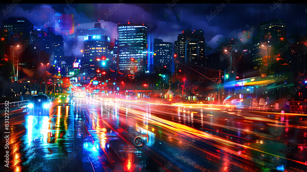 Time lapse photography of fast moving colorful vehicle lights on the road of a city.