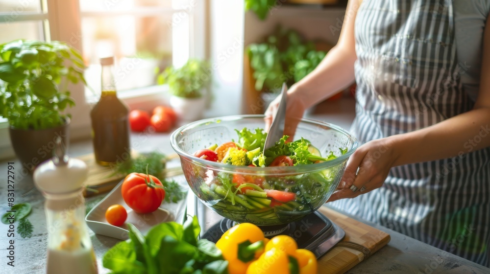 Woman preparing a fresh salad in a modern kitchen. Woman preparing a fresh salad in a modern kitchen.
