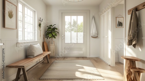 Scandinavian entryway with clean lines, wooden bench, natural light, and simple decor © StudioPix